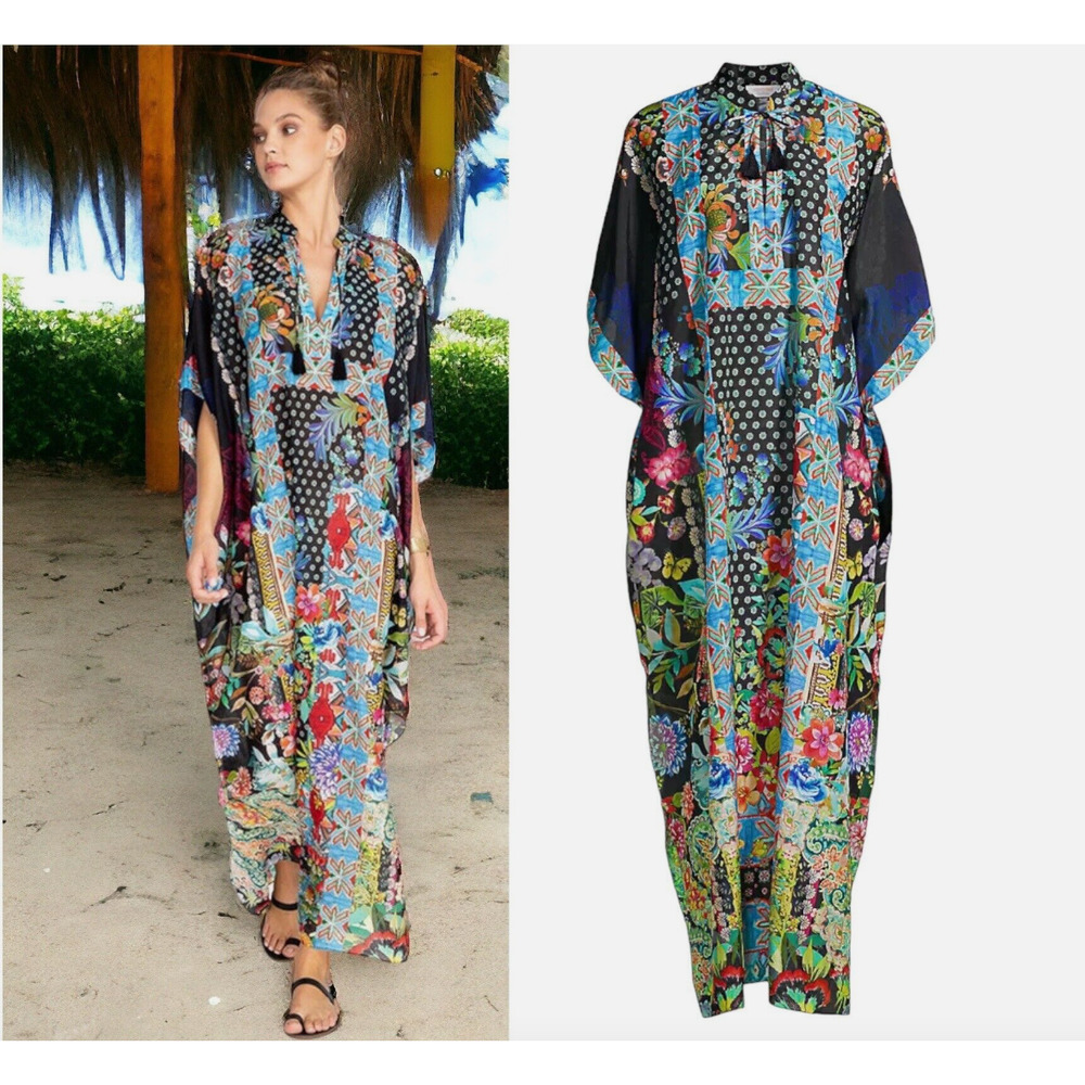 Johnny Was Dreamer Long Kaftan Swim Cover Up Dress Silk Blend Women Size Medium